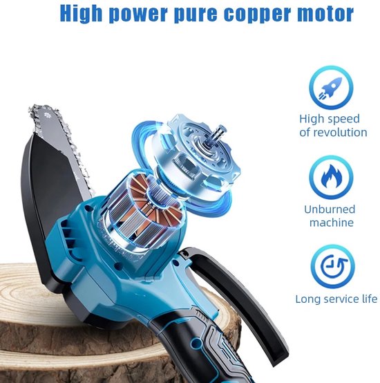Zerova Kettingzaag Accu 21V - Motorzaag - Boomzaag Electrische - Draagbare mini kettinzaag - Bomen en Takken - 2 Accu's - Blauw — afbeelding 2