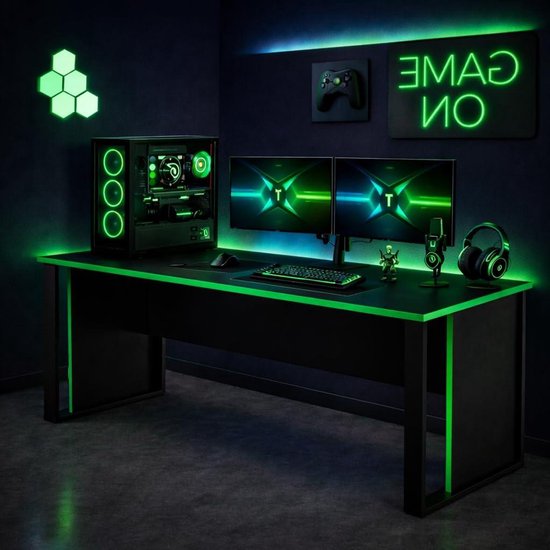 Gamingtafel - Bureau - Gaming setup - Stabiel frame - 150 cm breed - Zwart groen