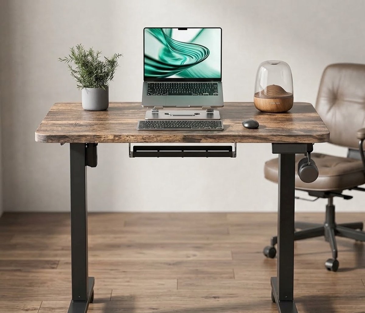 Compact Elektrisch Zit-Sta Bureau 80 x 60 cm – Ergonomisch Hoogte Verstelbaar, Geheugenfunctie, Verrijdbaar, Kabelmanagement, Computerbureau, Werkbureau, Thuiskantoor, Bruin – novihomestore