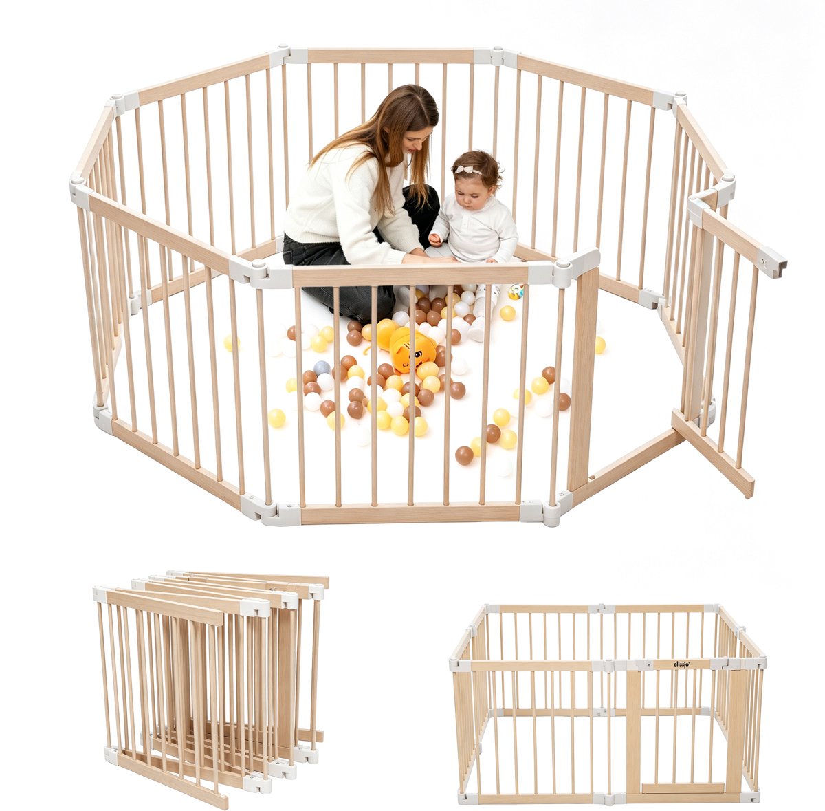 Elissio Grondbox - Babybox - Inklapbare Speelbox - Kinderbox - Playpen Baby - Voorgemonteerd - 130 x 130 x 70 cm - Incl. NL Handleiding - Naturel Hout