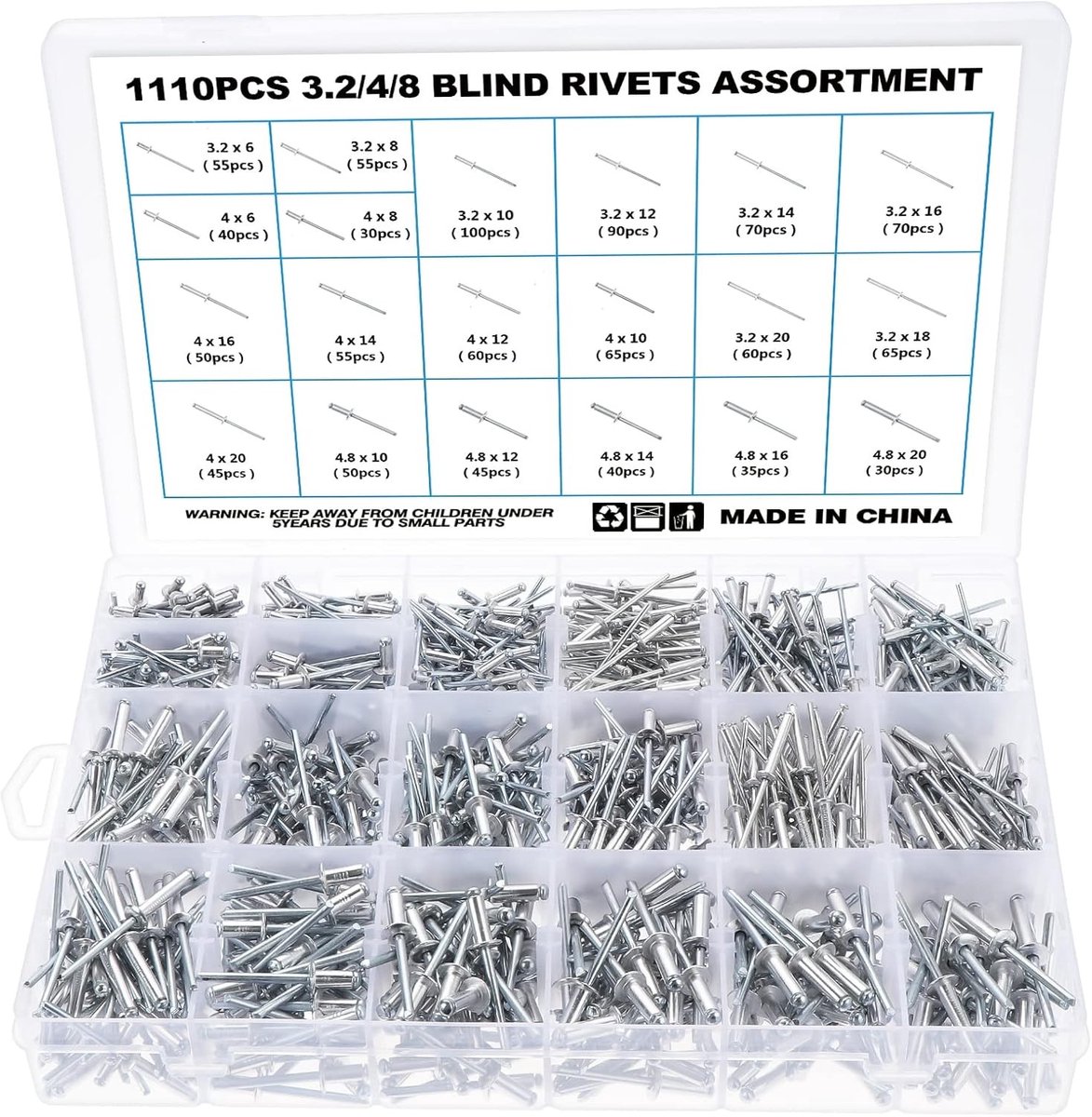 1110 Stuks Aluminium Blind Rivetten Assortiment met Opslagdoos - 3.2/4/4.8 mm, Geschikt voor Metaal, Hout en Kunststof