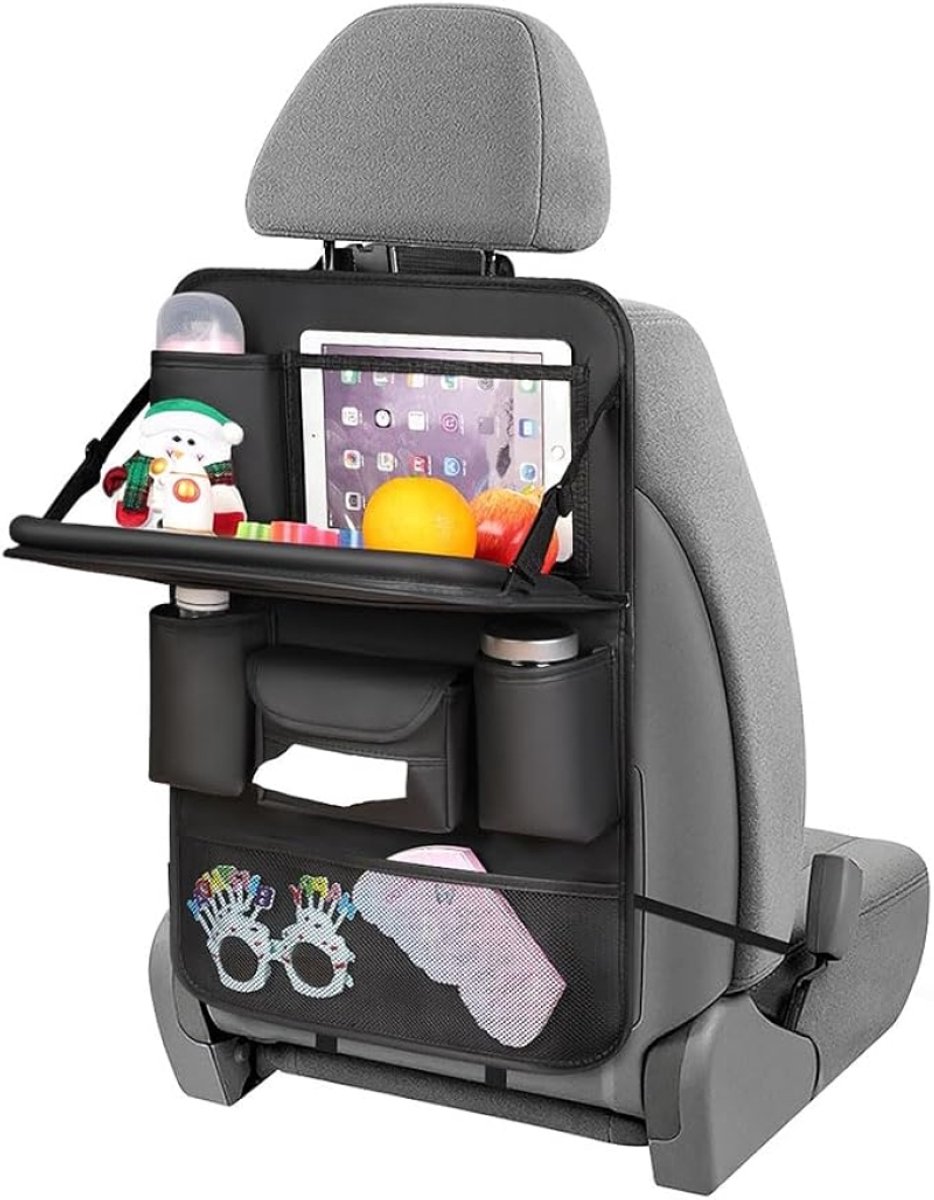 Huis Geluk Autostoelorganizer van Leer - Autostoelbeschermer met 8 Vakken, Inklapbare Tafel en Tablethouder - 43x63 cm