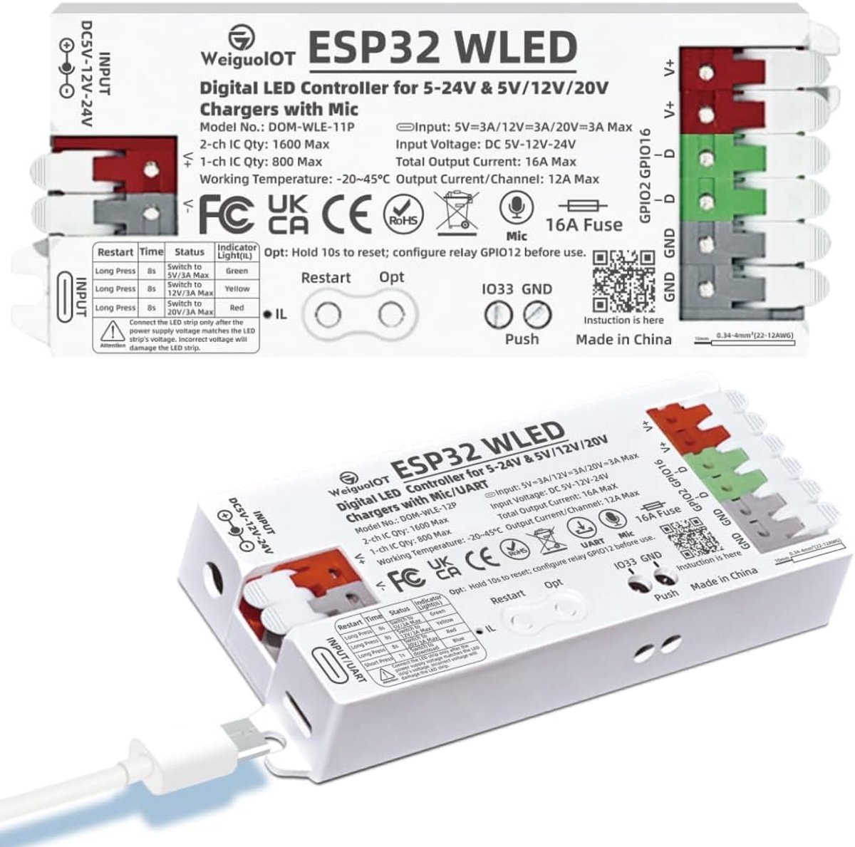 ESP32 WLED Controller, Digital LED Strip Controller, USB-C, 5-24V, 16A Max, App Control for Addressable Strips WS2811 - ShopVlot
