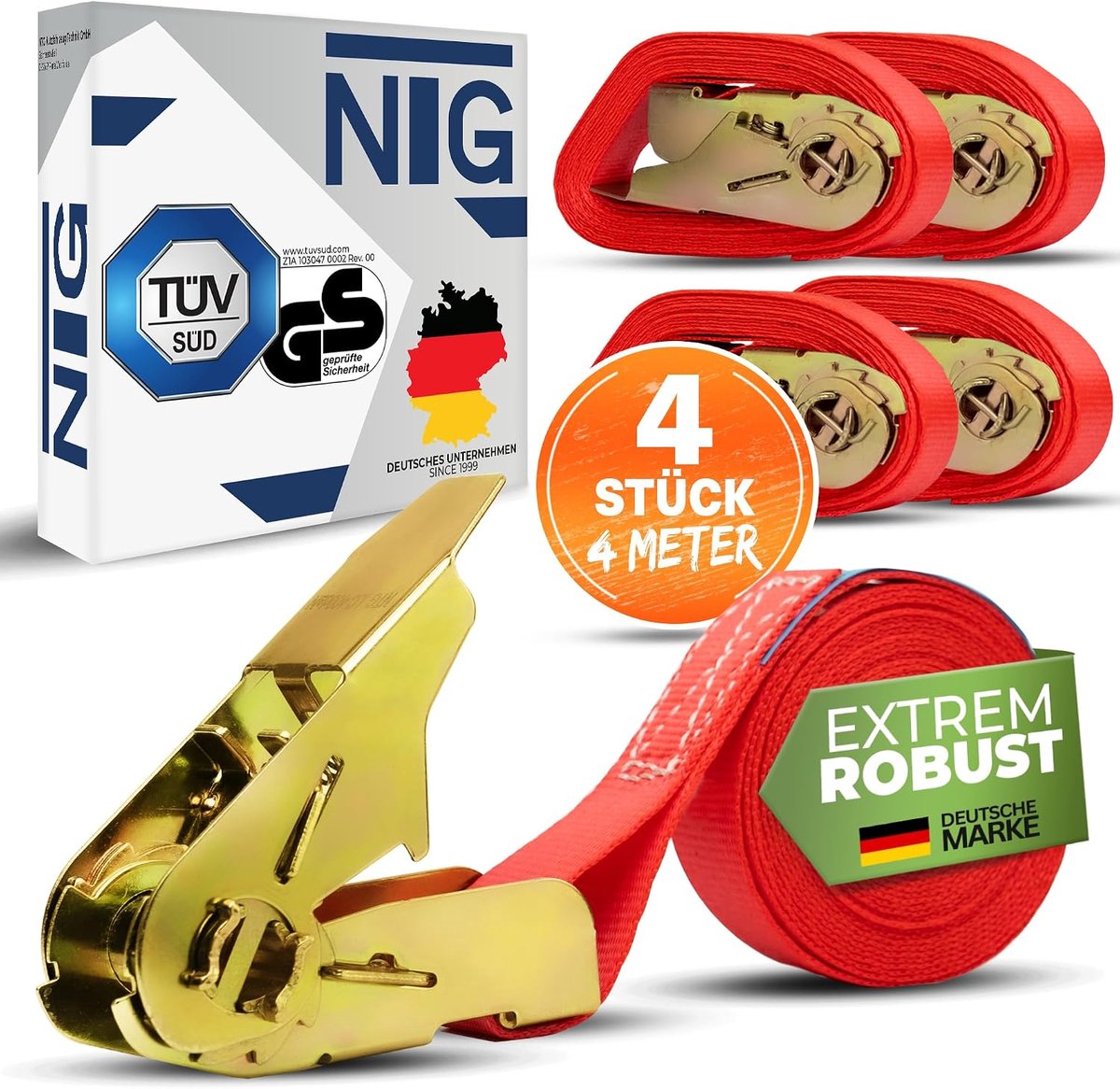 NTG Lashing straps with ratchet - 800 kg capacity - 4 m long, 4 pieces - 25 mm wide - ShopVlot