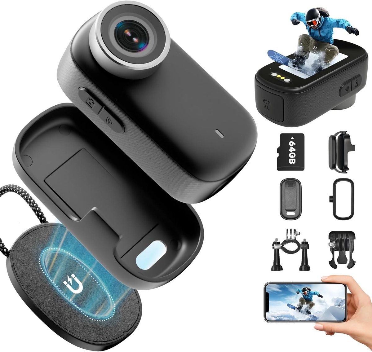 Action Camera - Zwart - Mini Bodycam met 64 GB Geheugen - 4K Actiecamera met Draadloze Functionaliteit - Voor Vloggen en Sport