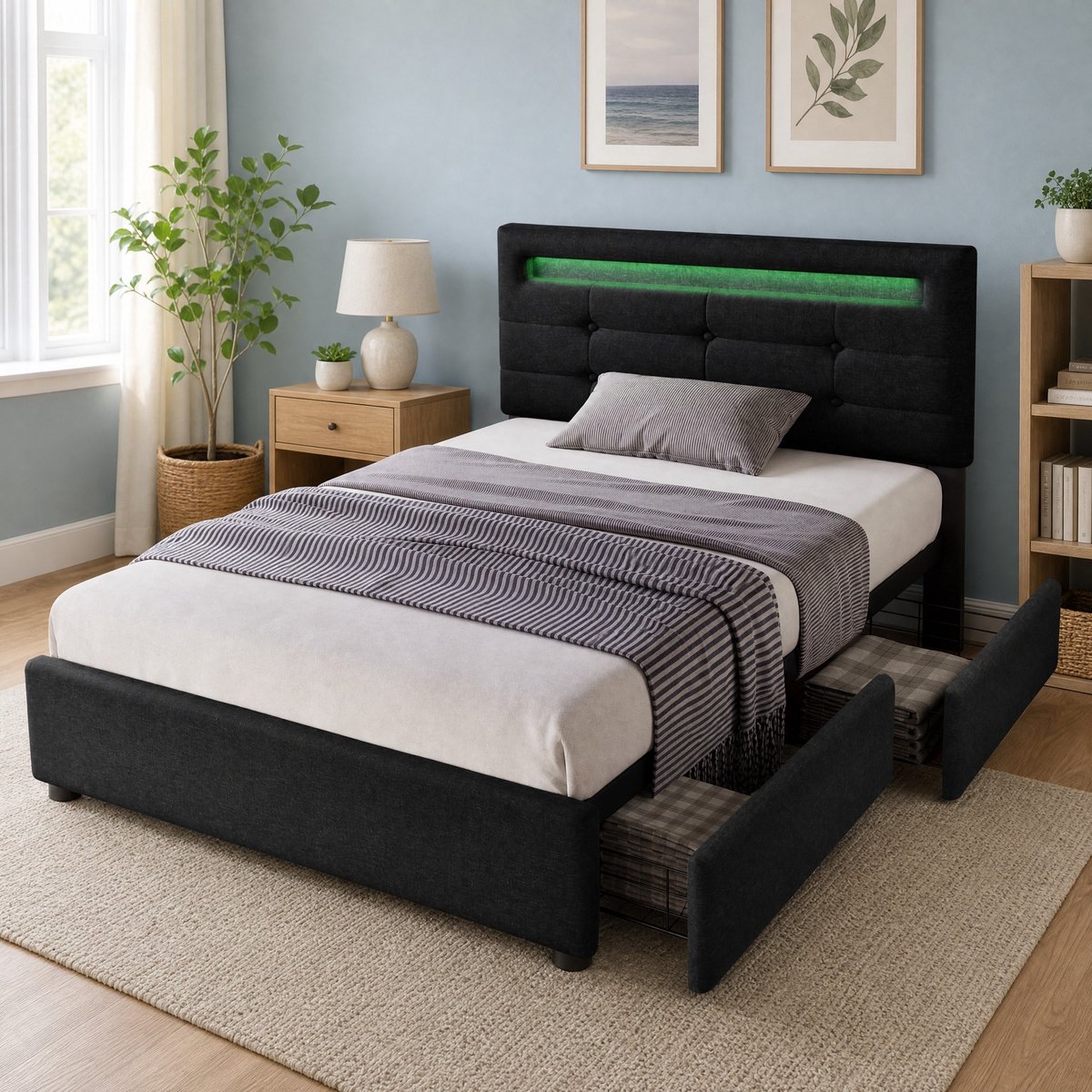 Gestoffeerd Bed 90x200 cm Met Ledverlichting En 2 Lades Verstelbaar Hoofdeinde Lattenbodem Stof Zwart Zonder Matras