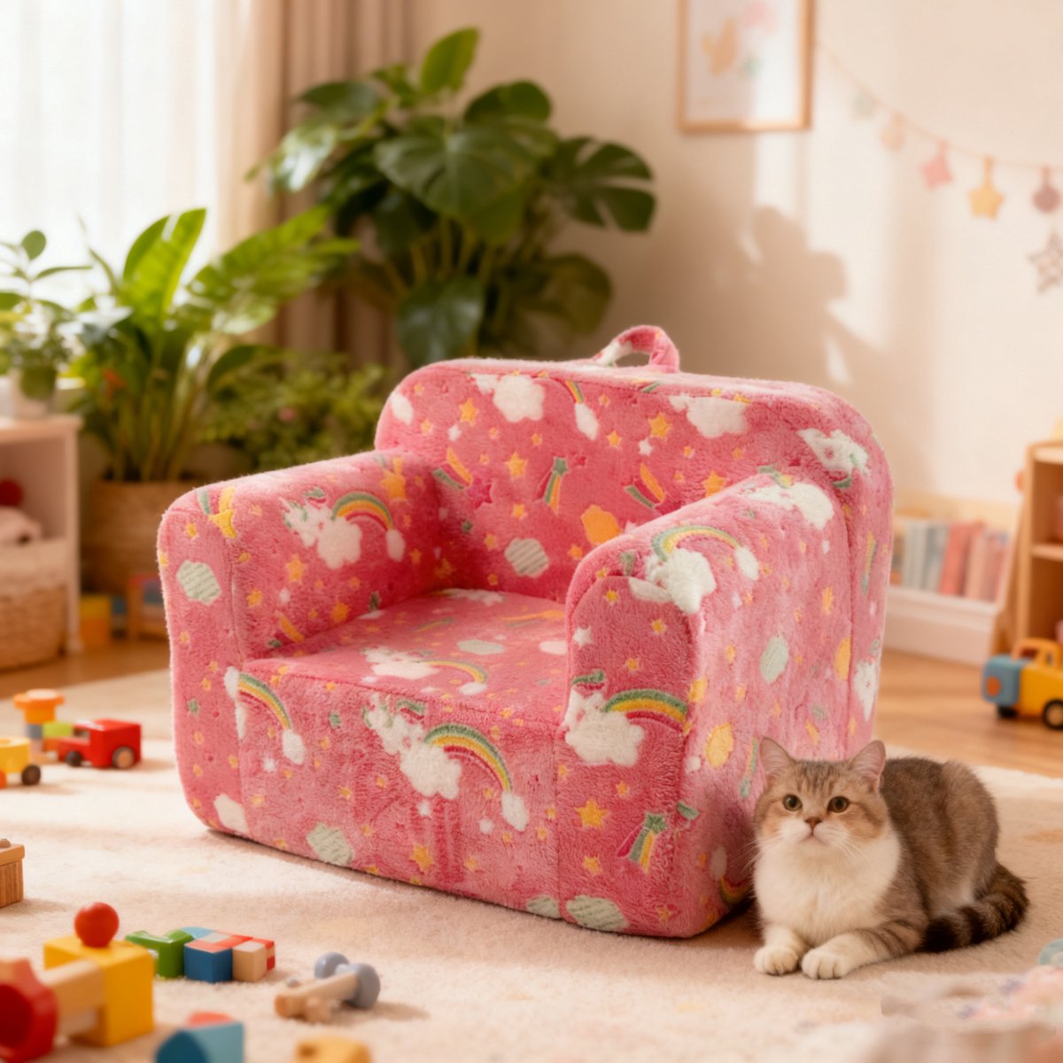 REDOM - Kindersofa voor kinderen - Met armleuning en draaggreep - Afneembare hoes - Zachte stof - Roze - 49 x 64 x 49 cm