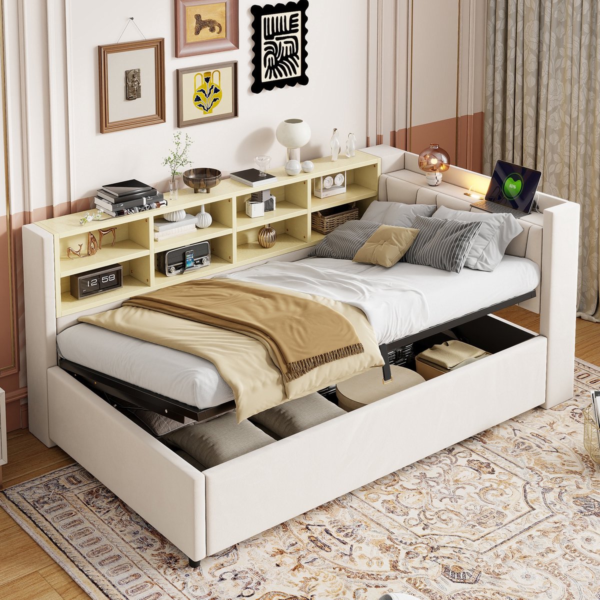 Sweiko Gestoffeerd bed - Slaapbank - 90 x 200 cm - Opbergruimte - Met bedlampjes - USB / Type-C - Velvet - Beige