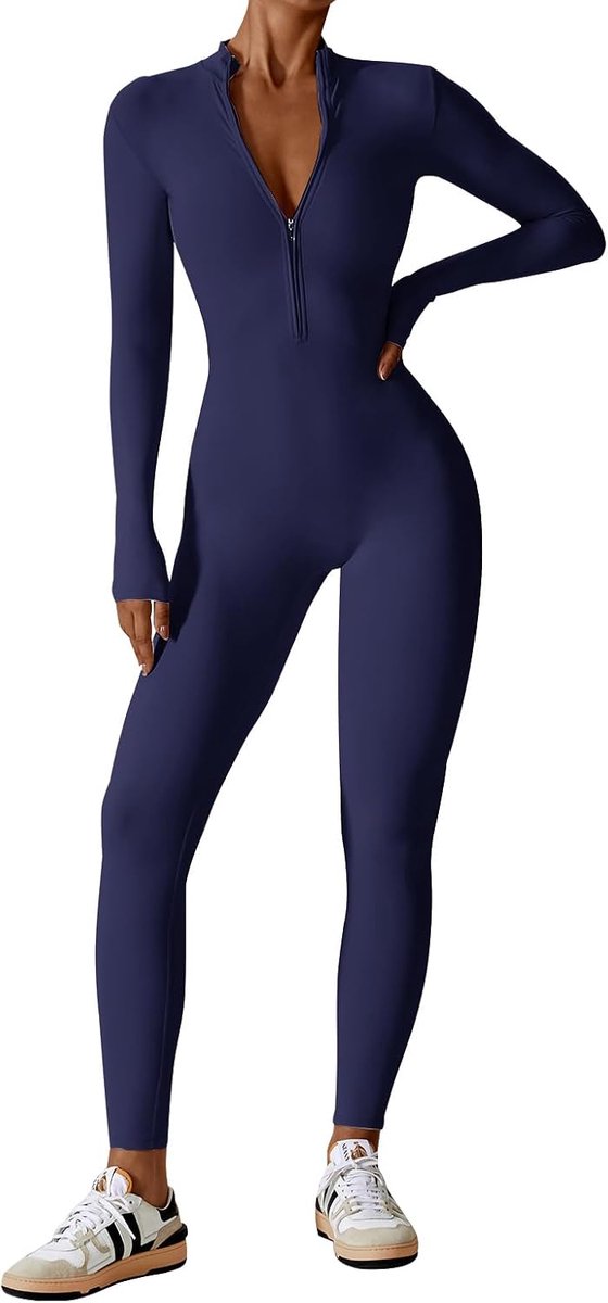 Ecupper Jumpsuits Women Yoga Bodycon One-Piece Zip Up Overall Rompers Long Sleeve Workout Outfit - ShopVlot