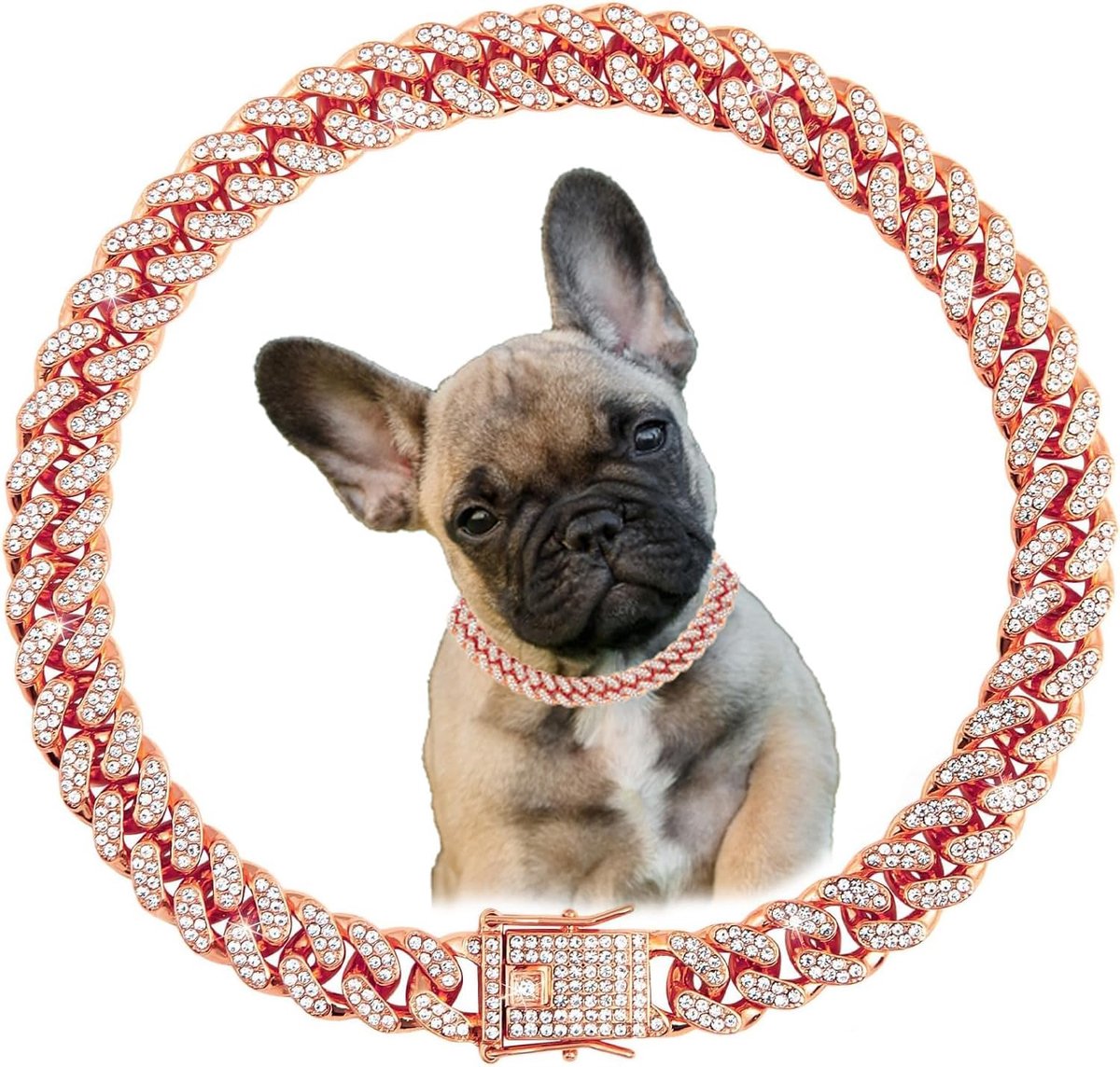 Rhinestone Necklace Collar for Small Dogs, Rose Gold Dog Necklace Glitter Crystal Sparkling Diamond Metal Cuban Link - ShopVlot