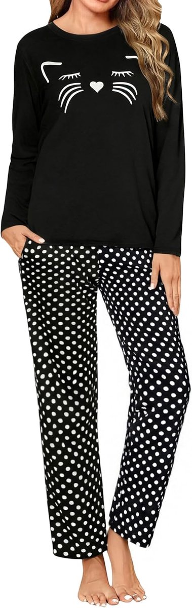 Uniexcosm Sleepwear Set Long Sleeve Pajamas Set Cat Printed Sleepwear Cotton Soft Tops and Bottoms Pajamas Set Ladies - ShopVlot