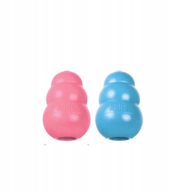 Twee KONG-speeltjes, een roze en een blauwe, in de klassieke vorm.