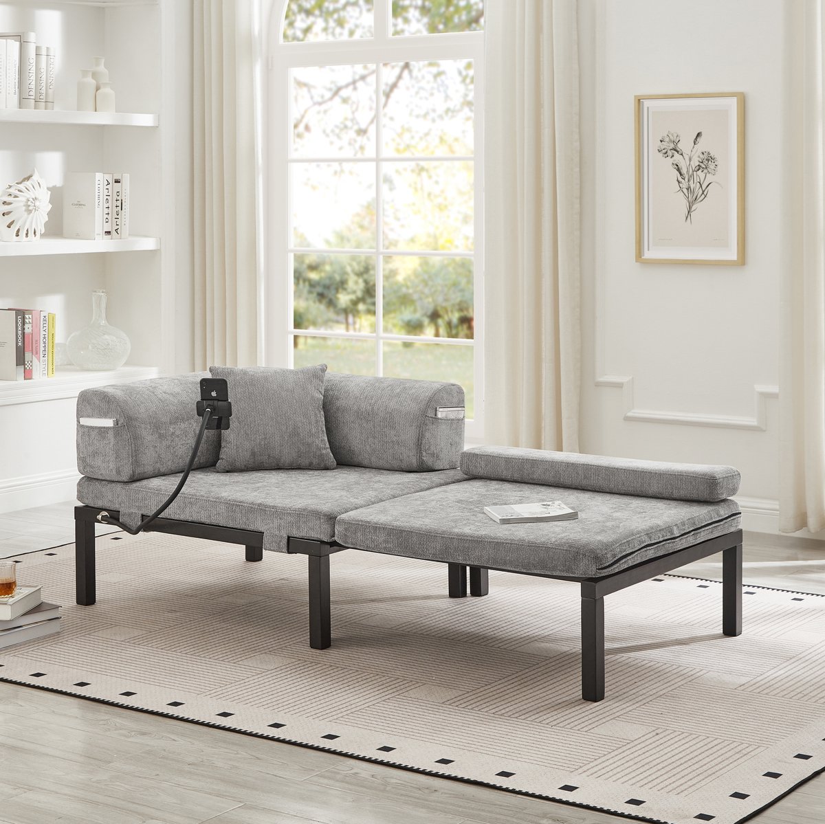 Wishdor Slaapbank - 1-zits uitklapbaar - Multifunctioneel - Scandinavisch & basic - Lichtgrijs - Velvet - Voor kleine ruimtes - 176 x 81 x 64 cm