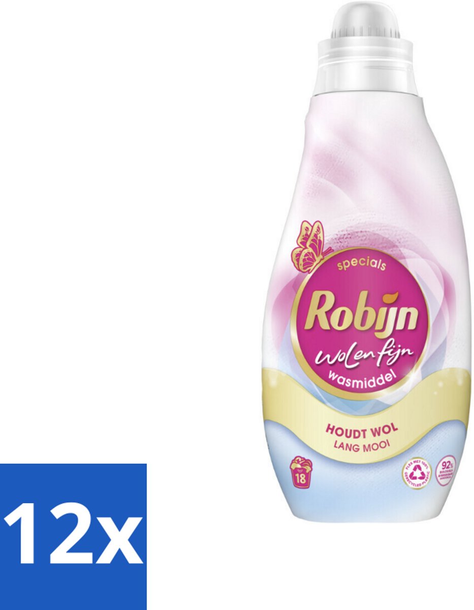 12 x Robijn Specials - Wol & Fijn - Vloeibaar Wasmiddel - 18 Wasbeurten - Wolwasmiddel - Wasmiddel Zijde - Wasmiddel Delicate Stoffen - Biologisch Afbreekbaar Wasmiddel - Milieuvriendelijk Wasmiddel