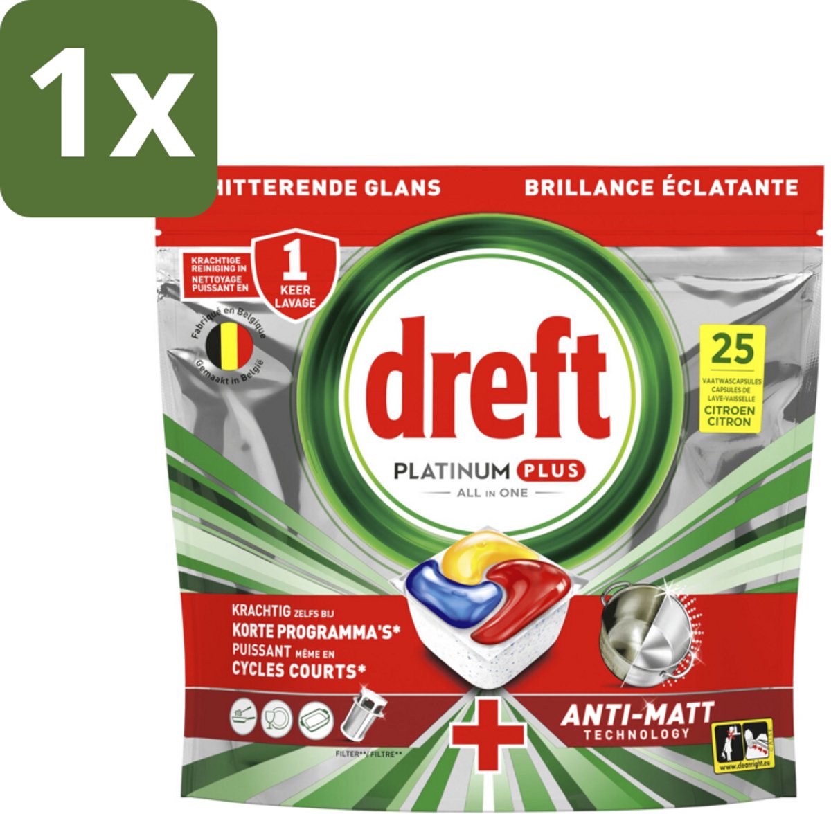 1 x Dreft - Vaatwastabletten - Platinum Plus All-in-One Citroen - Frisse geur - 25 Tabletten - Vaatwasmiddel - Anti-dofheid - Glans Herstellen - Vaatwasmachine - Vaatwastablet