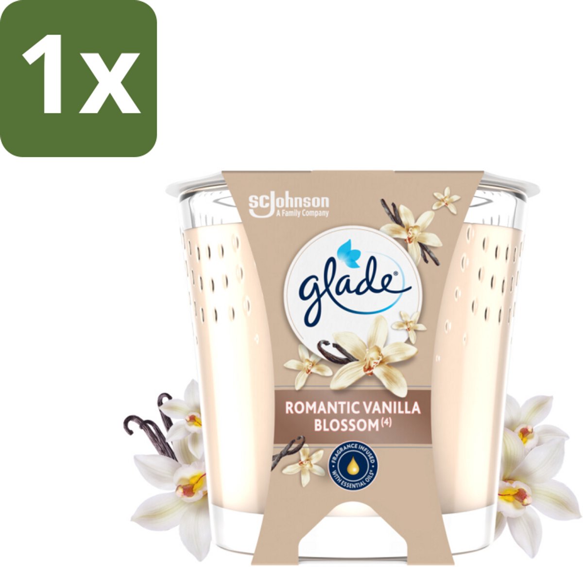 1 x Glade - Geurkaars Romantic Vanillebloesem - 100% Raapzaadwas & Vegan - 112 g - Geurkaars - Vegan - Raapzaadwas - Vanille - Amber
