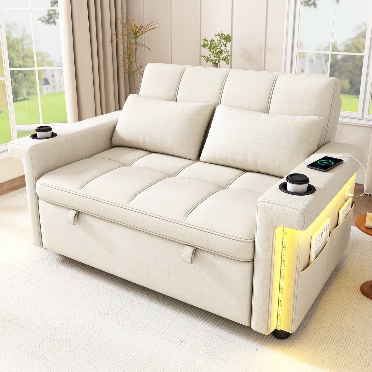 OKWISH Slaapbank 2-Zits 145 Cm - Met Verstelbare Rugleuning, LED Verlichting, Bekerhouders En Zijvak - Voor Woonkamer - Chenille - Beige