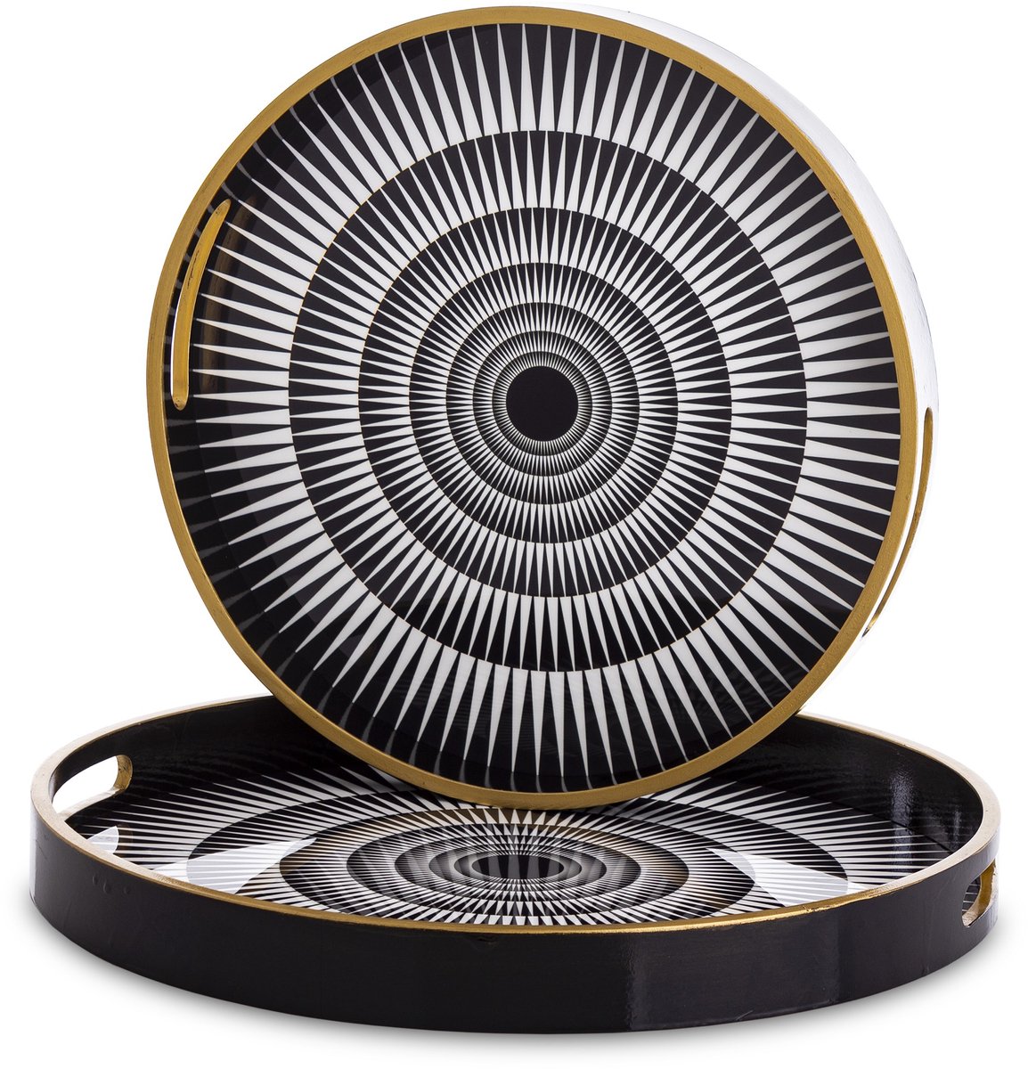 Set van 2 zwarte decoratieve dienbladen met gouden rand en 3D-patroon