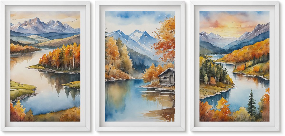 Wallfluent 3-Delige Schilderij Set - Herfstlandschap In De Bergen Met Een Rivier En Een Huisje Aan Het Water. - 40 x 60 - Decoratieve Schilderijen - Wanddecoratie - Hal - Interieur Decoratie