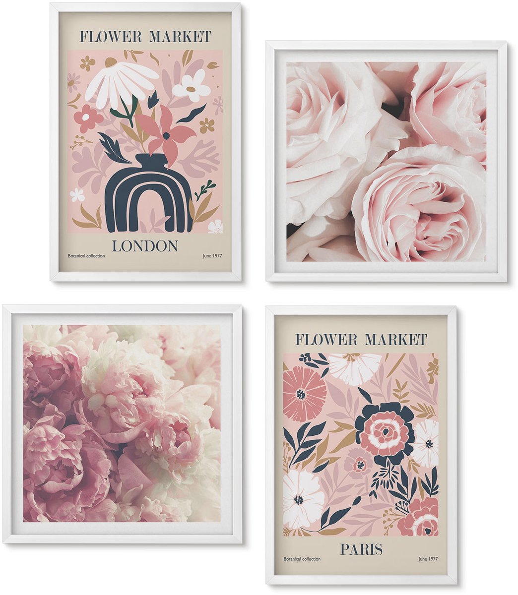 Wallfluent 4-Delige Schilderij Set - Bloemmotieven Rozen Pioenrozen Londen Parijs - 40 x 40 En 40 x 60 - Muurdecoratie - Decoratieve Schilderijen - Wohnzimmer - Woonkamer Decoratie