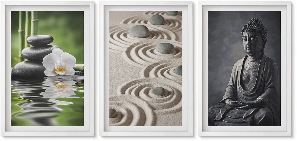 Wallfluent 3-Delige Schilderij Set - Ontspannend Uitzicht Op Boeddha, Strandstenen En Bamboe. - 40 x 60 - Muurdecoratie - Wanddecoratie - Hal - Decoratieve Schilderijen