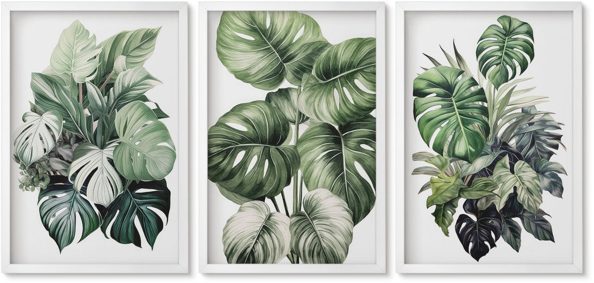 Wallfluent 3-Delige Schilderij Set - Groene Bladeren Van Tropische Planten, Aquarelverf - 40 x 60 - Decoratieve Schilderijen - Wanddecoratie - Hal - Woonkamer Decoratie