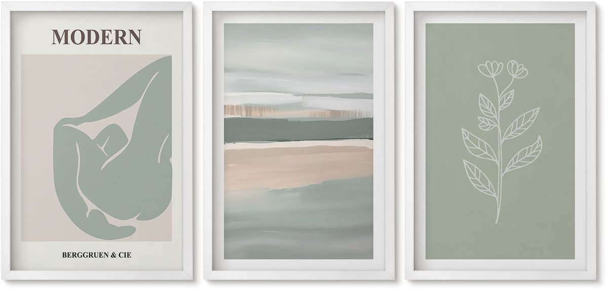 Wallfluent 3-Delige Schilderij Set - Abstracte Vormen In Pasteltinten Met Planten - 40 x 60 - Schilderijen Set - Wanddecoratie - Woonkamer - Moderne Wanddecoratie