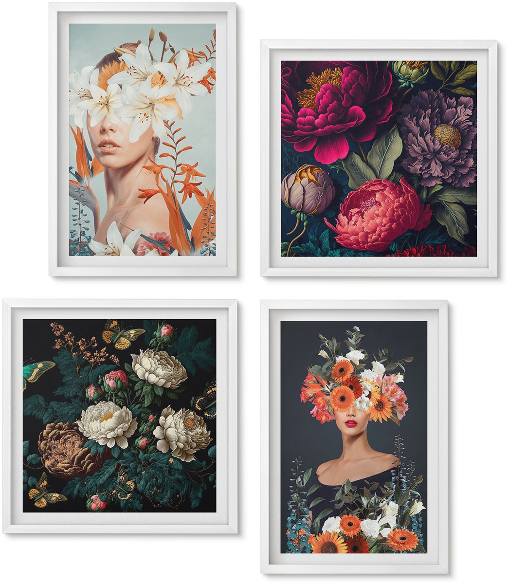 Wallfluent 4-Delige Schilderij Set - Bloemenportretten Met Kleurrijke Boeketten En Bladeren - 40 x 40 En 40 x 60 - Wanddecoratie - Muurdecoratie - Woonkamer - Decoratieve Schilderijen