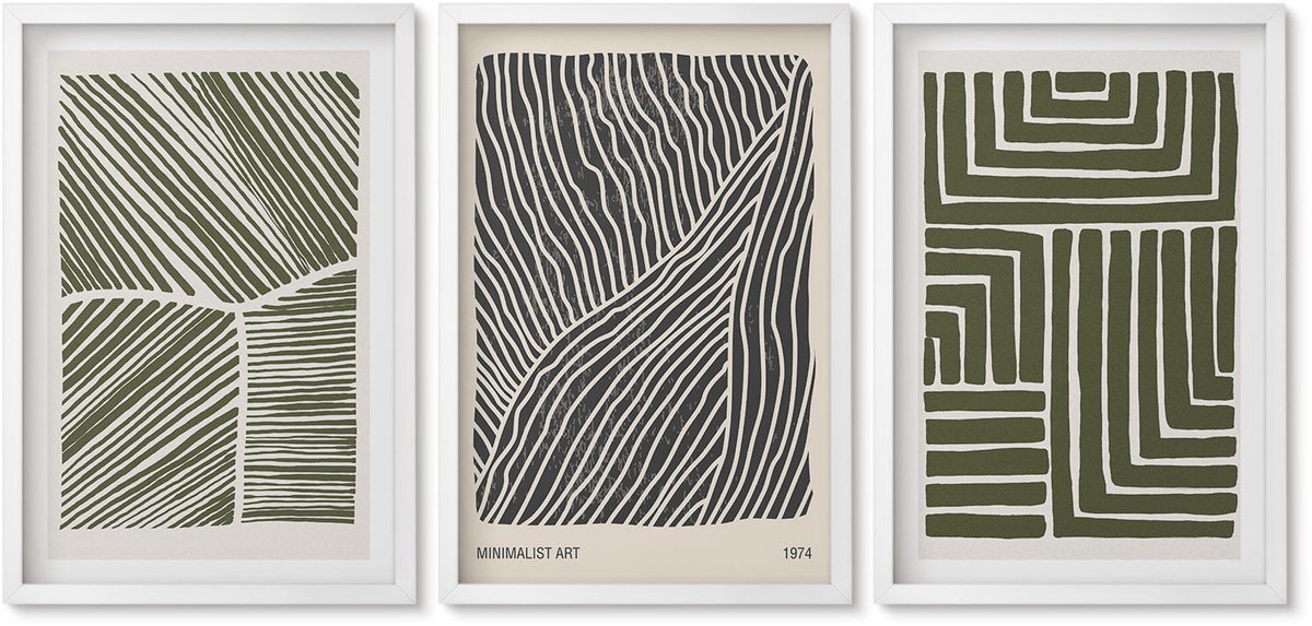 Wallfluent 3-Delige Schilderij Set - Patronen Van Lijnen En Vormen In Groene Tinten - 40 x 60 - Muurdecoratie - Wanddecoratie - Slaapkamer - Woonkamer Decoratie