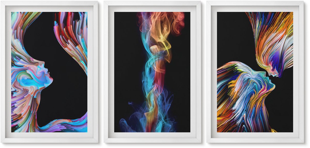 Wallfluent 3-Delige Schilderij Set - Kleurrijke Abstracties Met Gezichten En Dynamische Vormen - 40 x 60 - Stijlvolle Muurdecoratie - Kantoor - Wanddecoratie