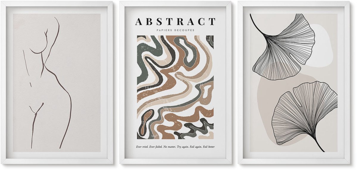 Wallfluent 3-Delige Schilderij Set - Abstracte Poster Met Vrouwelijke Vormen En Bladeren In Boho-Stijl. - 40 x 60 - Stijlvolle Muurdecoratie - Kantoor - Decoratieve Schilderijen