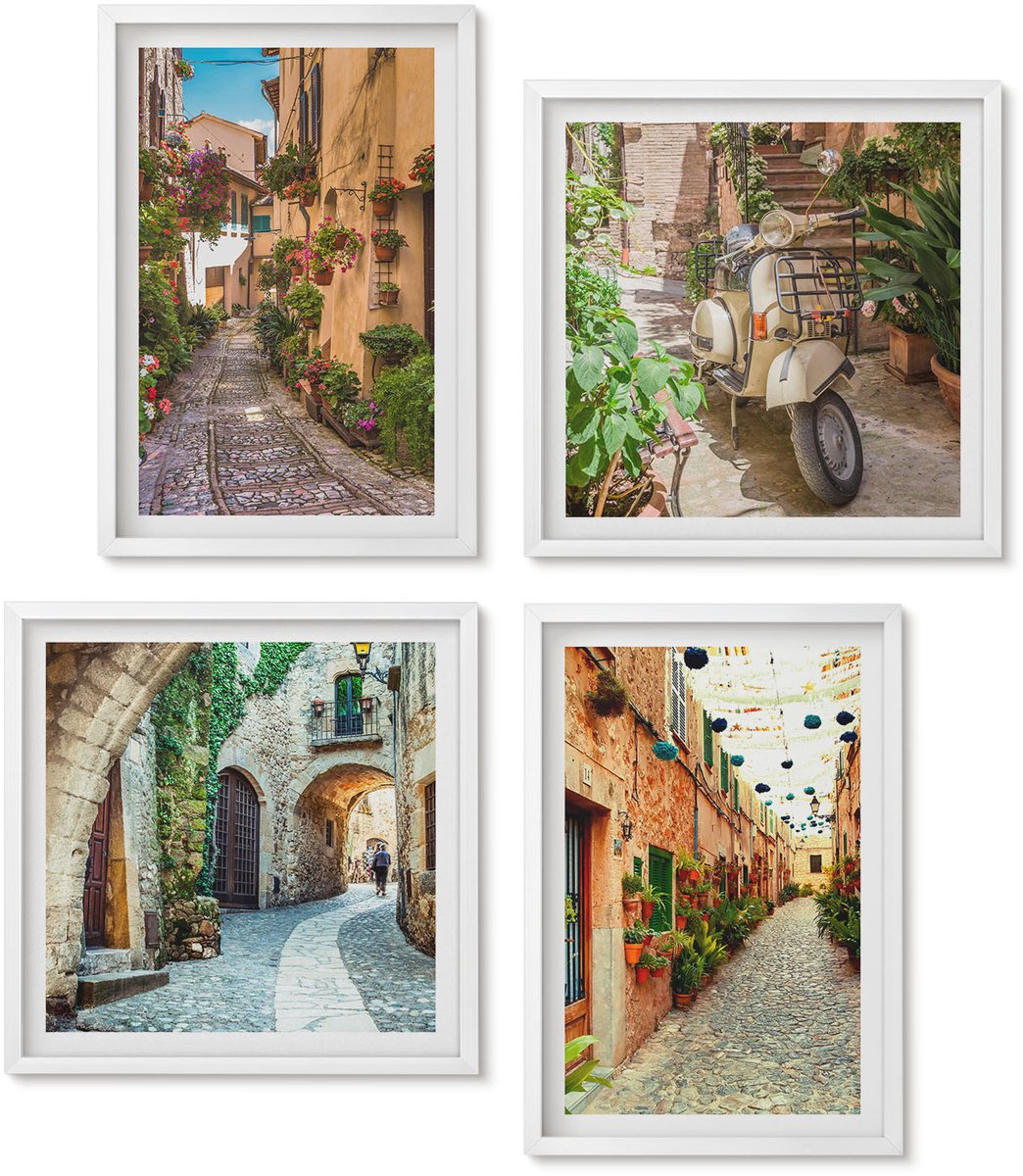 Wallfluent 4-Delige Schilderij Set - Sfeervolle Straatjes Met Bloemen In Een Italiaanse Ambiance. - 40 x 40 En 40 x 60 - Muurdecoratie - Schilderijen Set - Woonkamer - Woonkamer Decoratie