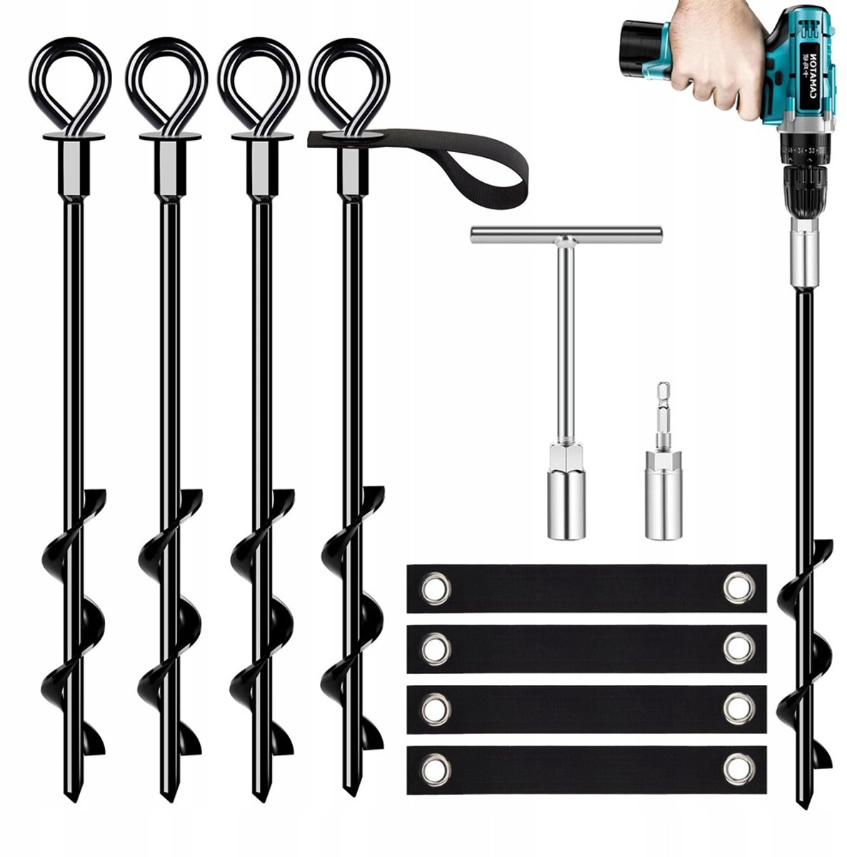 Spiraal Grondanker Set – Zware Grondschroef - Tentankers - 4 Stuks - T-handgreep & 14mm Adapter - RVS - Elektrisch of Handmatig - Windbestendig - Diepe Grip in Grond - Voor Tent & Trampoline & Schommel