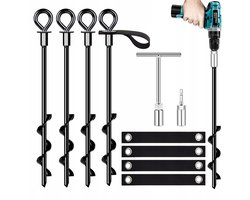 Spiraal Grondanker Set – Zware Grondschroef - Tentankers - 4 Stuks - T-handgreep & 14mm Adapter - RVS - Elektrisch of Handmatig - Windbestendig - Diepe Grip in Grond - Voor Tent & Trampoline & Schommel