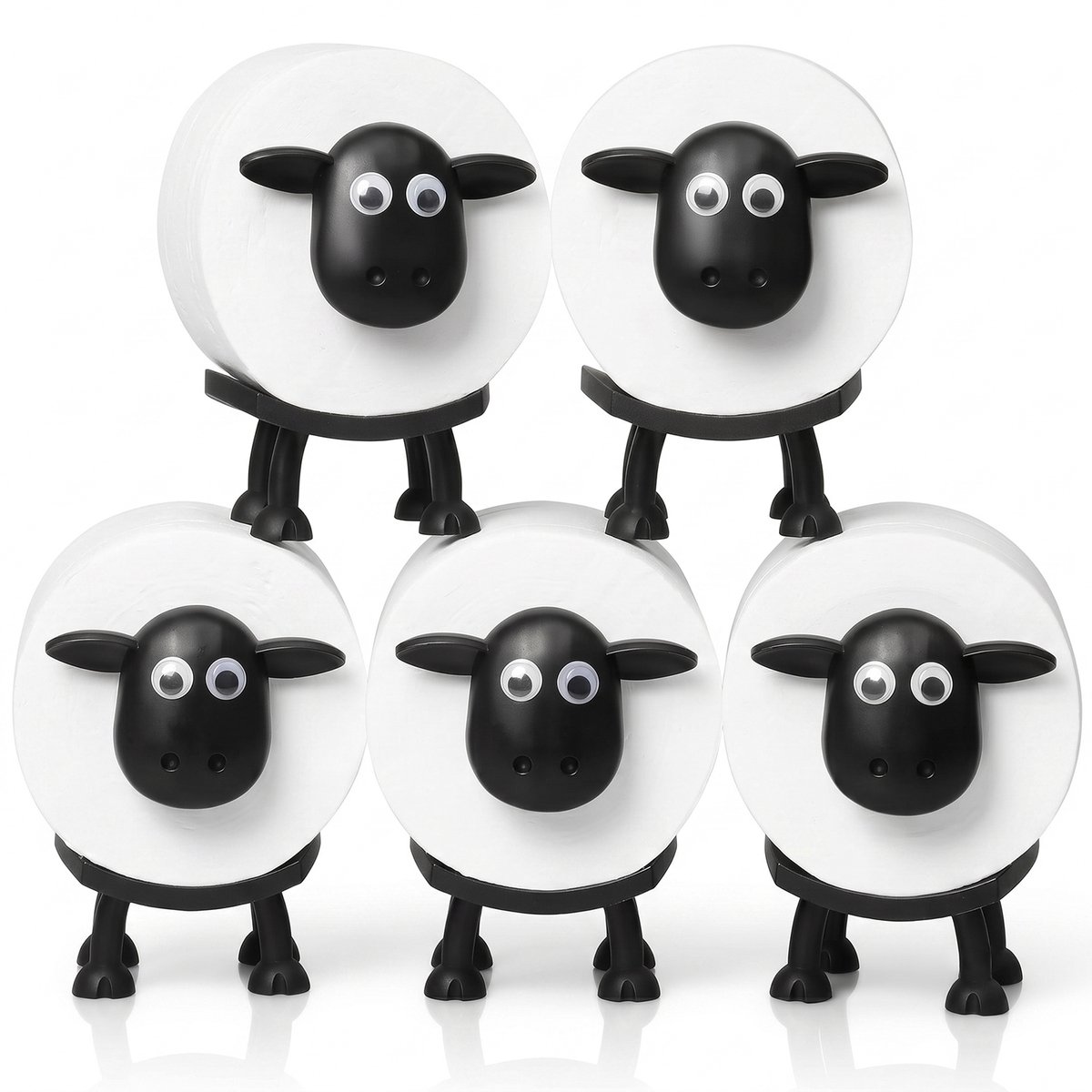 Toiletrolhouder Schaap Set van 5 - Vrijstaande ABS houders voor reserverollen - Kern ca. 4,2 cm - 16 x 8,5 x 9,5 cm - Badkamerdecoratie - Zwart