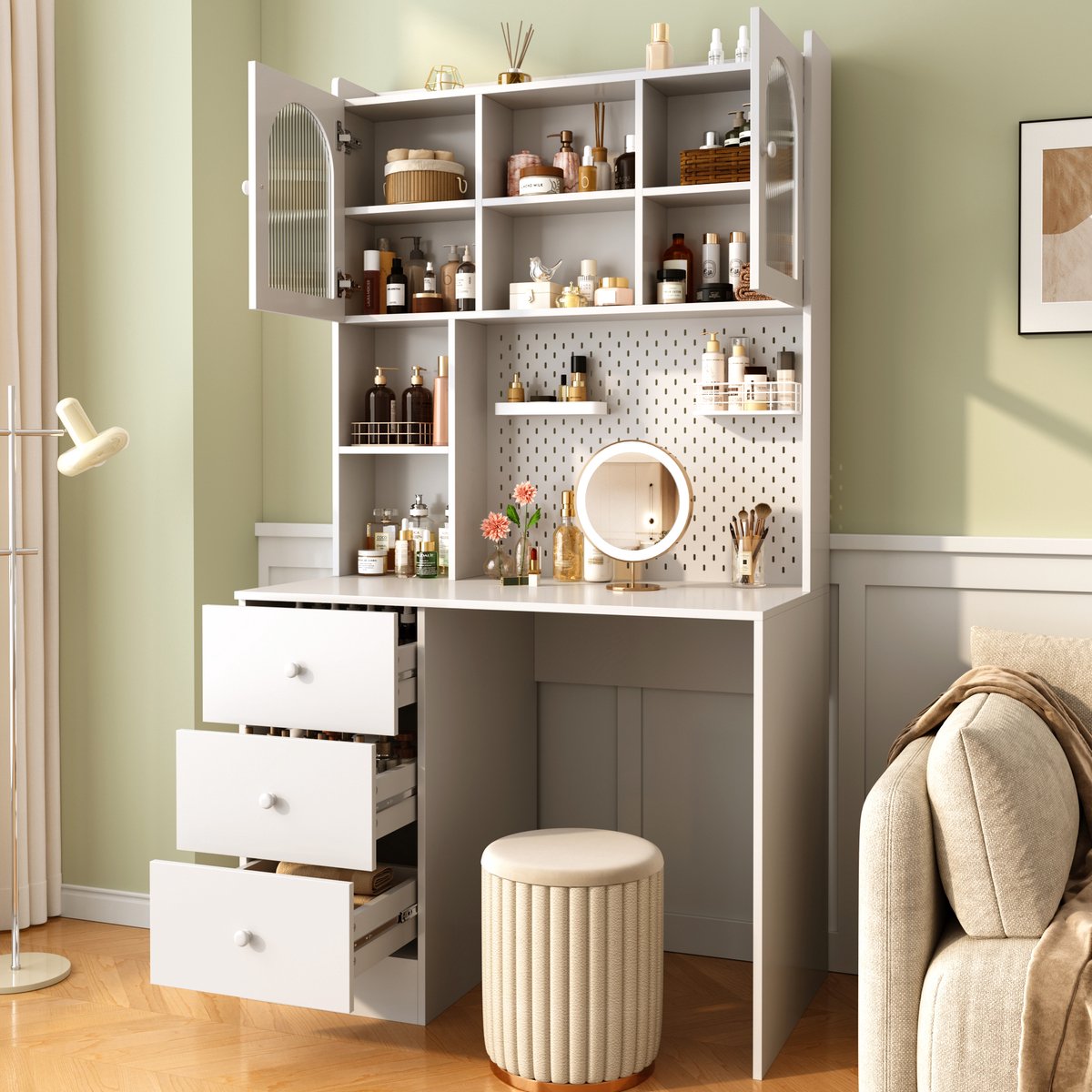 Bureau Met Opzetkast En 3 Lades - Modern Ruimtebesparend Ontwerp Met Bord En Vitrines - Voor Studie En Thuiswerk - Wit MDF - 100 X 55 X 180 Cm