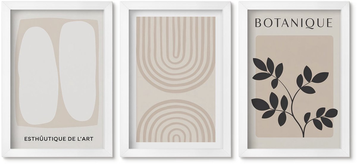 Wallfluent 3-Delige Schilderij Set - Boho Delicate Posters Abstracte Plantenmotieven - 20 x 30 - Wanddecoratie - Schilderijen Set - Kantoor - Muurdecoratie