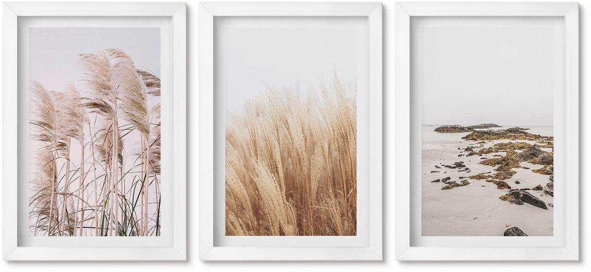 Wallfluent 3-Delige Schilderij Set - Pampasgrasvelden En Boho-Strand - 20 x 30 - Decoratieve Schilderijen - Woonkamer - Interieur - Stijlvolle Muurdecoratie
