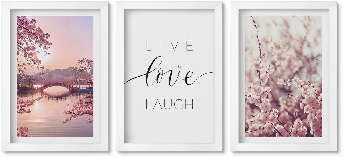 Wallfluent 3-Delige Schilderij Set - Bloemmotieven Met Een Brug En Een Inscriptie - 20 x 30 - Decoratieve Muurdecoratie - Slaapkamer - Decoratieve Schilderijen