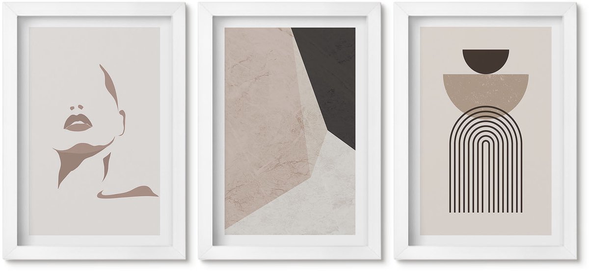 Wallfluent 3-Delige Schilderij Set - Abstracte Geometrische Vormen En Een Vrouwengezicht - 20 x 30 - Decoratieve Muurdecoratie - Slaapkamer - Woonkamer Decoratie