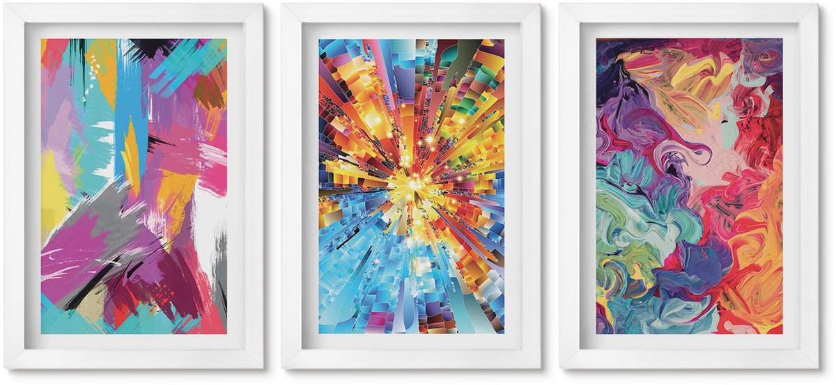 Wallfluent 3-Delige Schilderij Set - Kleurrijke Abstracte Schilderijen Met Dynamische Patronen - 20 x 30 - Decoratieve Schilderijen - Woonkamer - Interieur - Interieur Decoratie