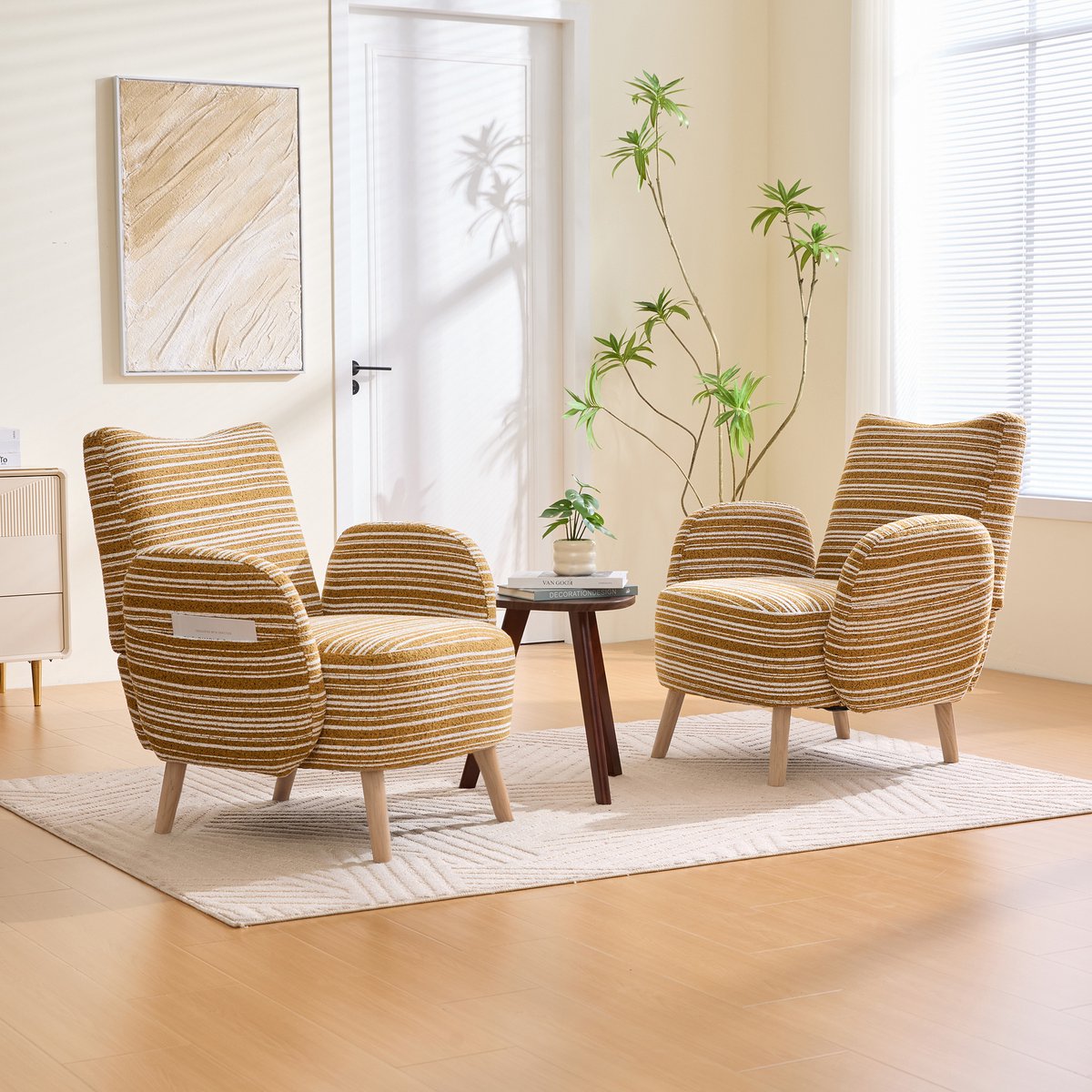 REDOM - Fauteuil met zijvak - Houten poten - Ergonomische rugleuning - Moderne stijl - Woonkamer, slaapkamer, werkkamer - Bouclé stof - Mosterdgeel - 77 x 81 x 87 cm