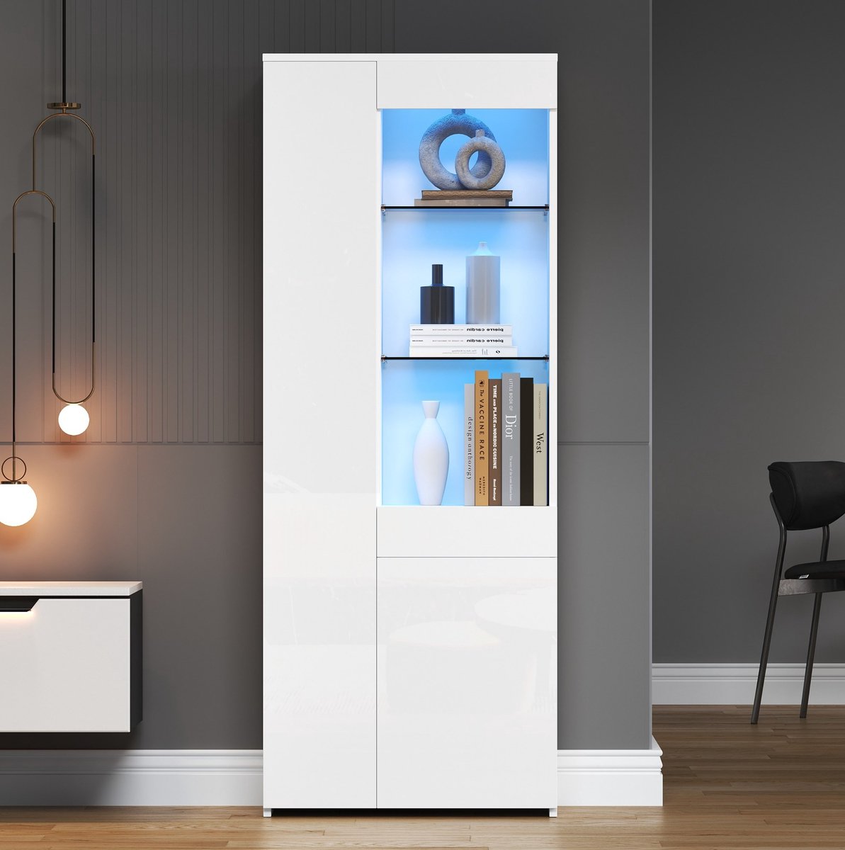 HAUSS SPOLE Vitrinekast - Hoogglans Kast Met Ledverlichting En Lade - Voor Woonkamer En Opbergen - Hout En Gehard Glas - 70x35x180 Cm - Wit