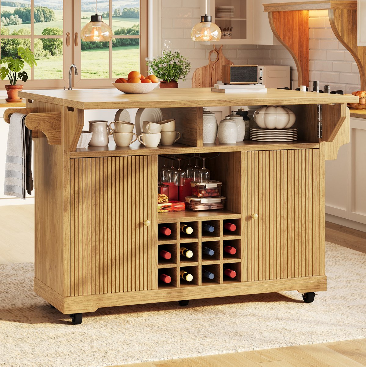HAUSS SPOLE Keukenrolwagen - Uitklapbaar Keuken Eiland Met Opbergruimte En Wijnfleshouder - Voor Keuken En Eetkamer - Hout - Naturel - 142,5x80x95 Cm
