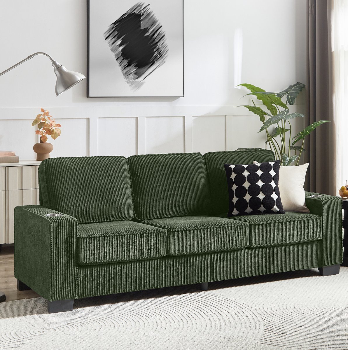 Zitbank Met Bekerhouders - Modern 3-Zits Sofa - Voor Woonkamer, Slaapkamer En Kantoor - Corduroy - Groen