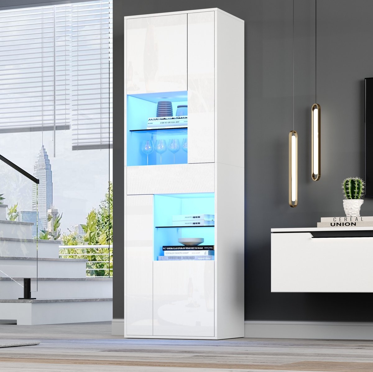 Vitrinekast Met Led Verlichting En Hoogglans Front - 1 Lade En 4 Kasten Met Glazen Legplanken - Voor Woonkamer - Wit - 55x38x170 Cm