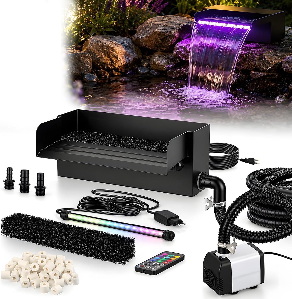 30 cm Waterfall Pond Set with 45W 2000L/H Waterfall Pump and Filter Cage, Stainless Steel Waterfall with LED Lights in - ShopVlot