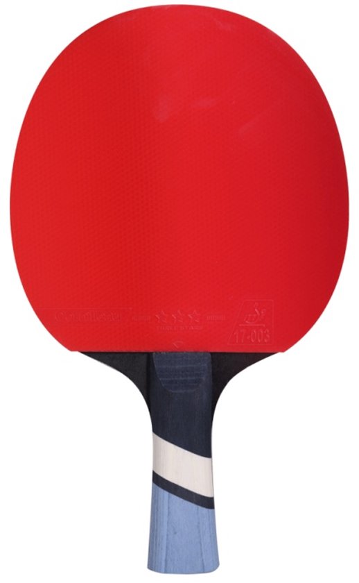 Tafeltennisbat met rood blad en een handvat met blauwe, witte en donkerblauwe strepen.