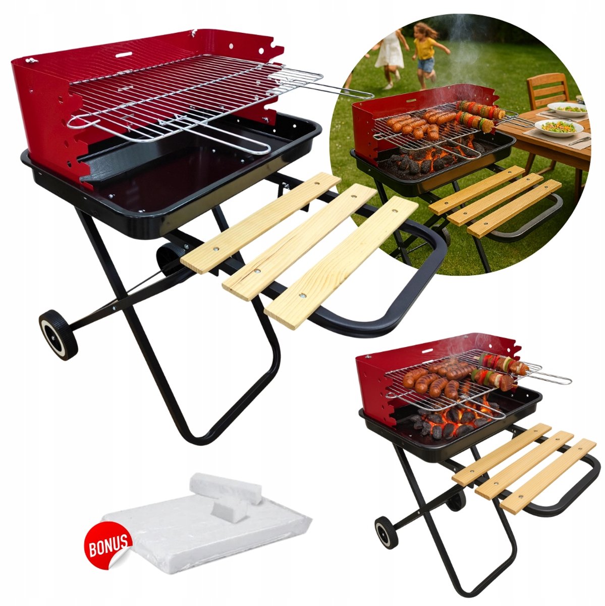 Klassieke Koolgrill op Wielen met Houten Zijplank - 60x85cm