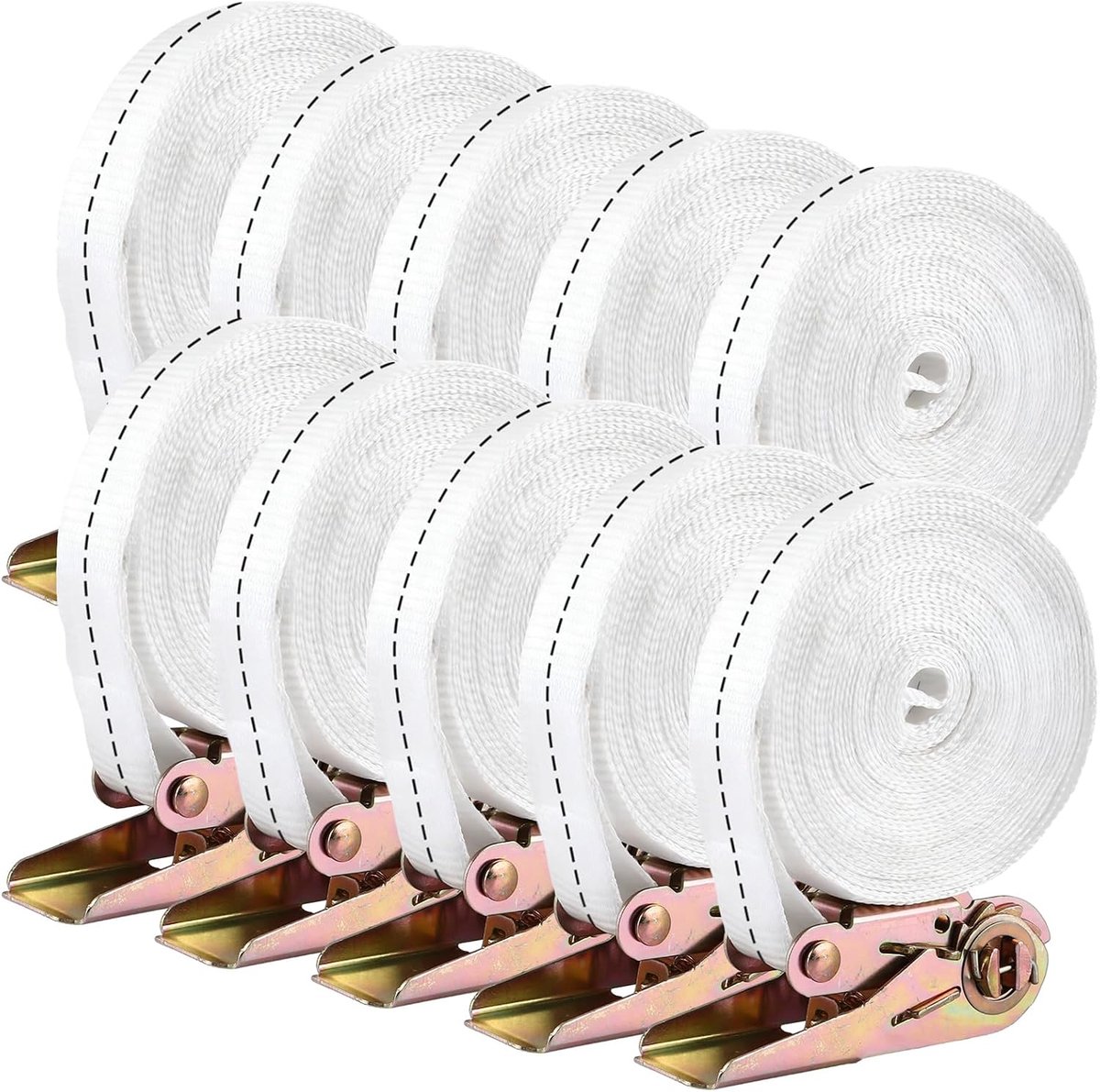 Pack of 10 ratchet straps 6 m 25 mm lashing strap polyester lashing strap pull 800 kg white - ShopVlot